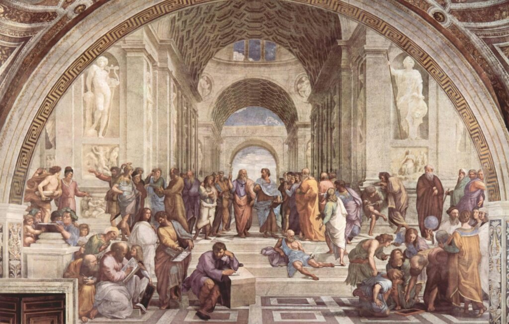 Famous Renaissance painting by Raphael depicting various philosophers in a classical setting.