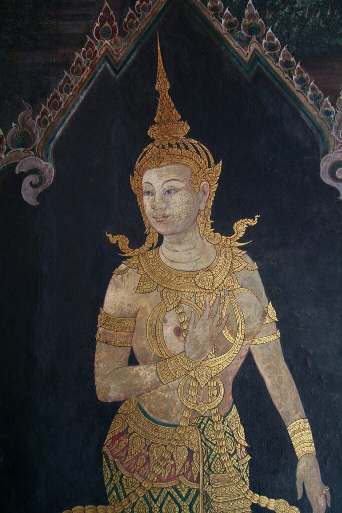 painting, gods, buddhist, pattern, narrative, interior, wall painting, artwork, woman, mystic woman, mystical, esoteric