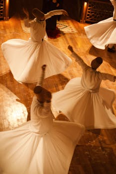 Mesmerizing scene of whirling dervishes performing Sufi dance on a polished wooden floor.